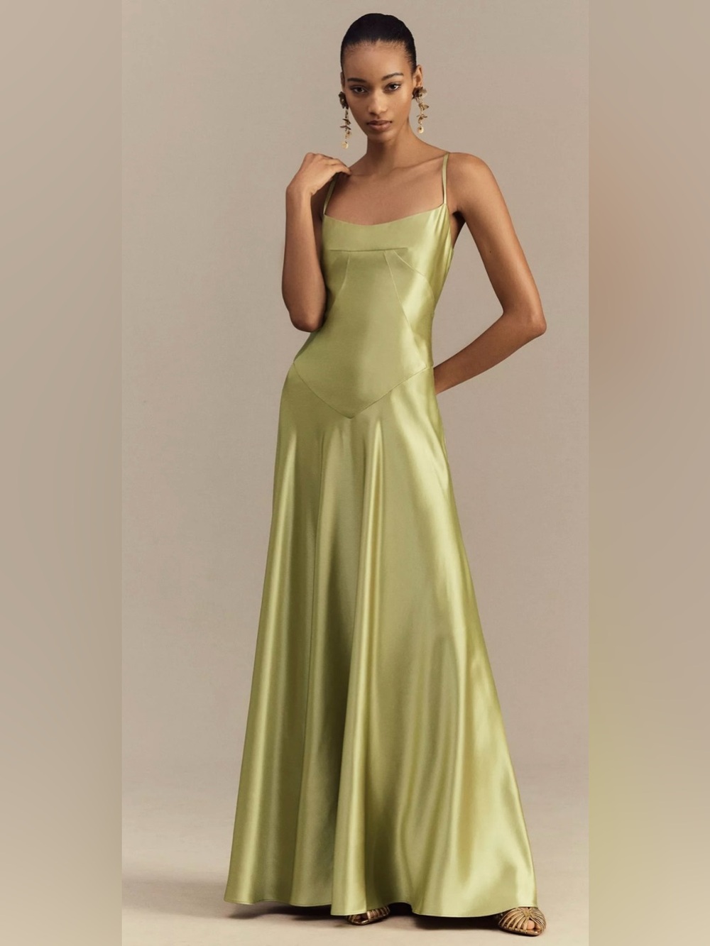 Anthropology Mare Mare Emmy Satin Corset Maxi Dress—Matcha